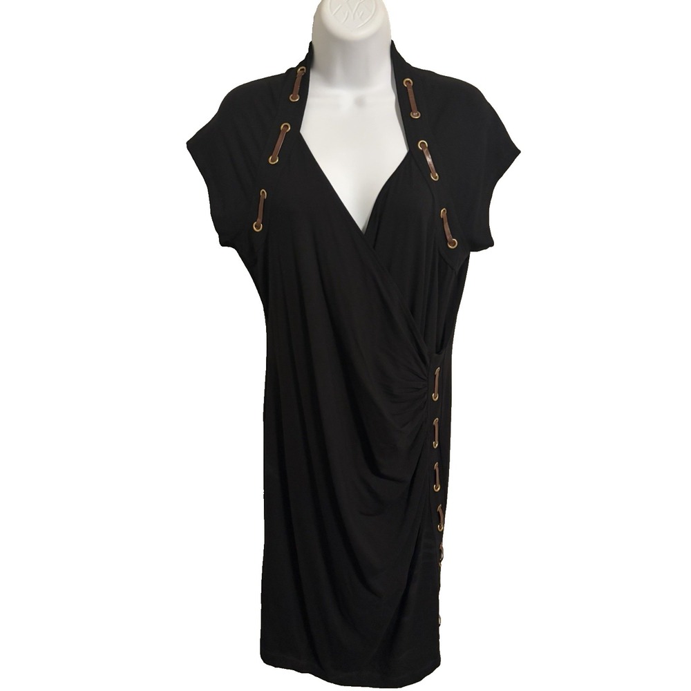 Carmen Marc Valvo Black Bodycon Dress~XL~Leather‎ Lacing & Grommets Edgy Rocker